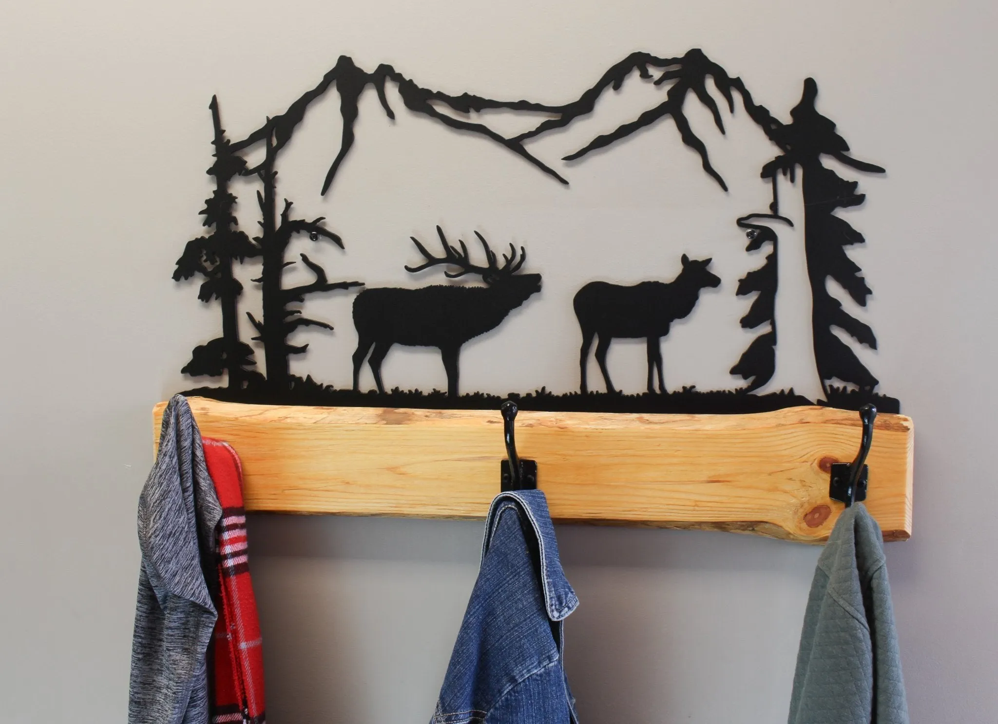 Wood and Metal Coat Rack With 3 Hooks and Rustic Metal Art Silhouette Bear, Deer, or Elk