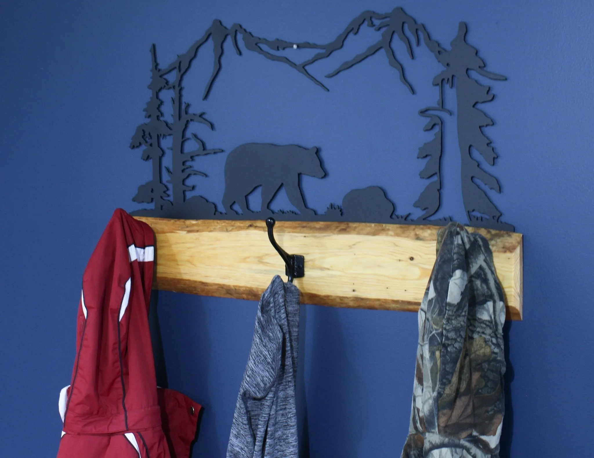 Wood and Metal Coat Rack With 3 Hooks and Rustic Metal Art Silhouette Bear, Deer, or Elk