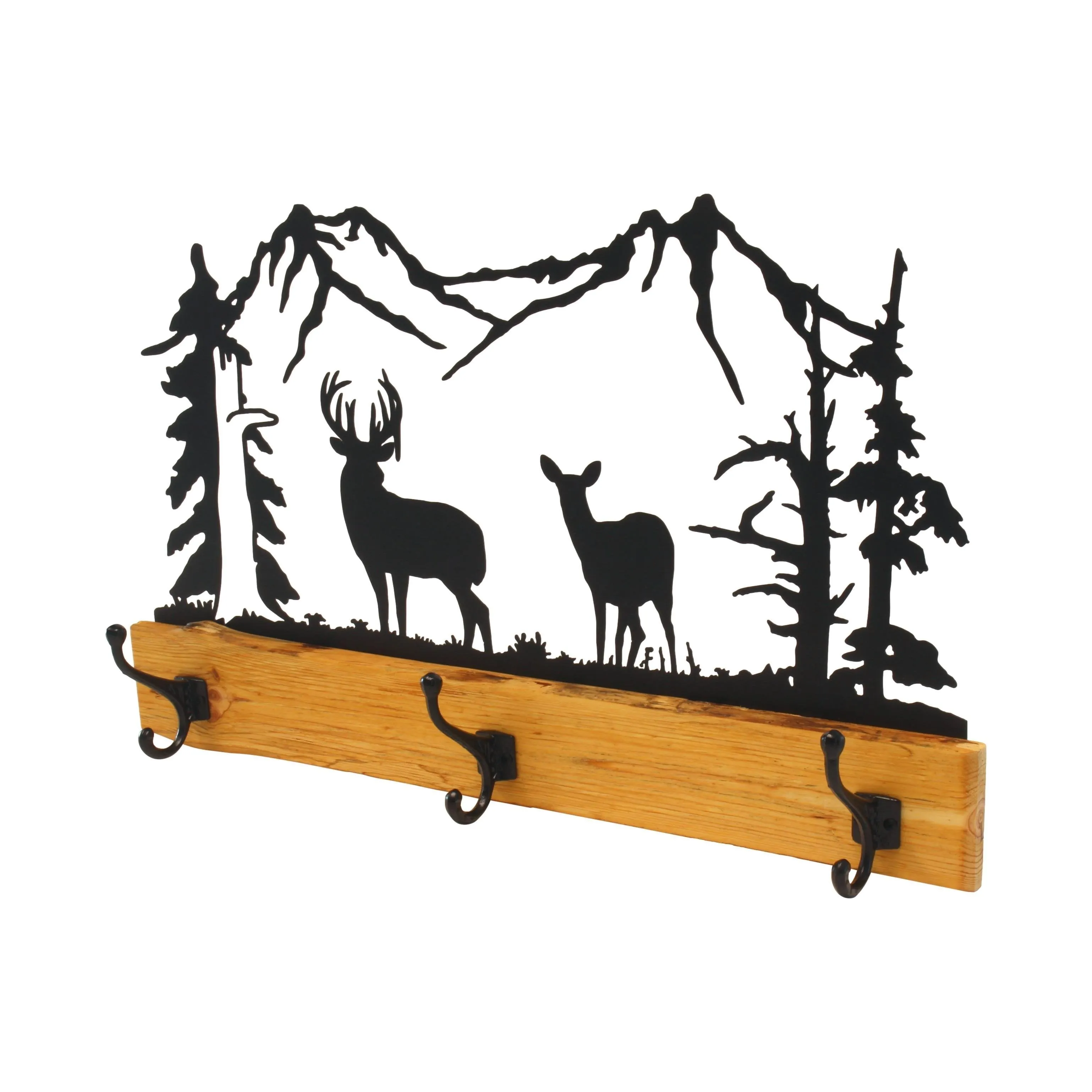 Wood and Metal Coat Rack With 3 Hooks and Rustic Metal Art Silhouette Bear, Deer, or Elk