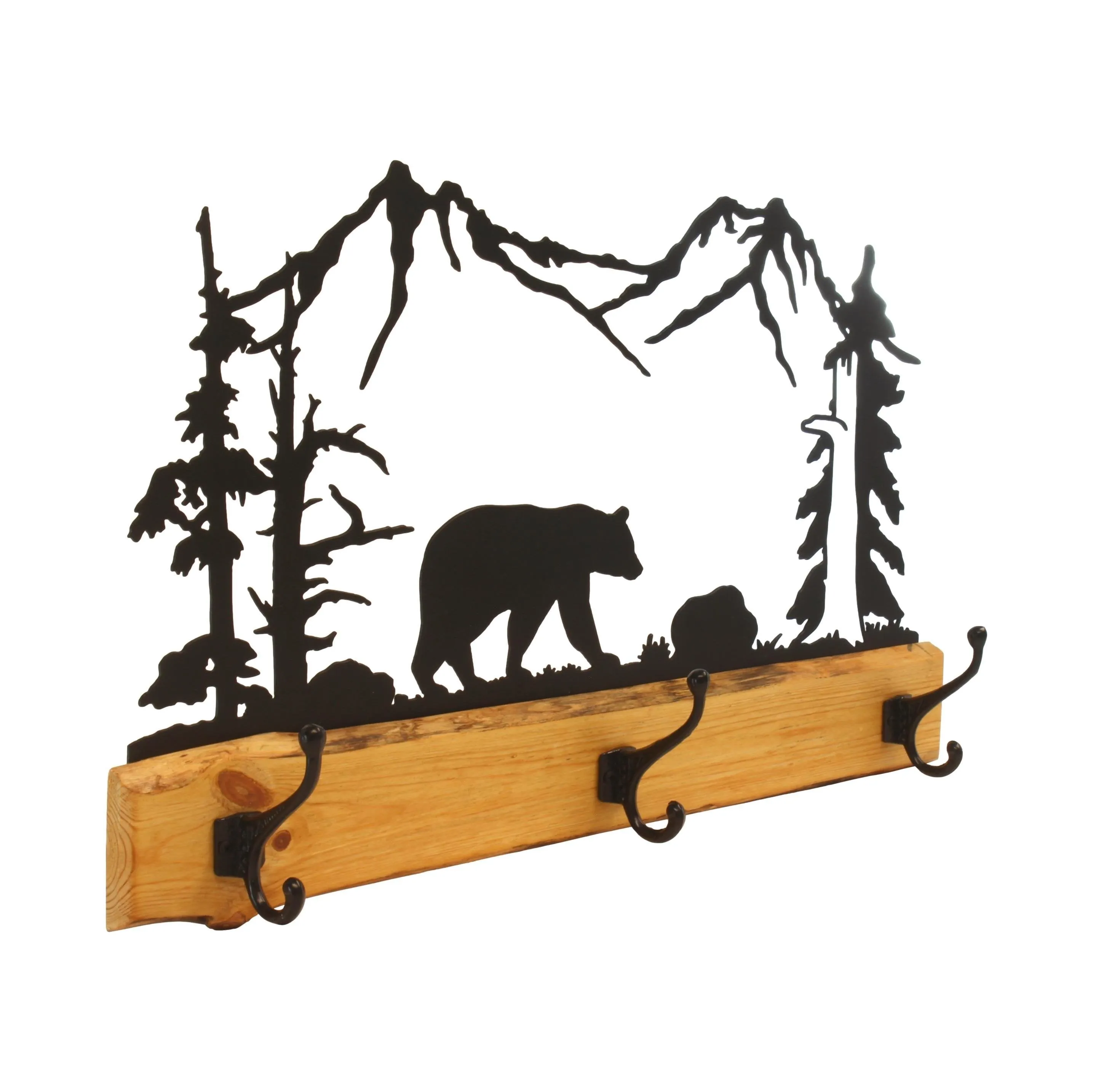 Wood and Metal Coat Rack With 3 Hooks and Rustic Metal Art Silhouette Bear, Deer, or Elk