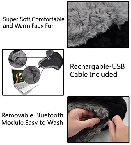 XIKEZAN Bluetooth Hat Wireless Men & Women Faux Fur Winter Cap With Built in Stereo Headphones (Rabbit Fur Black)