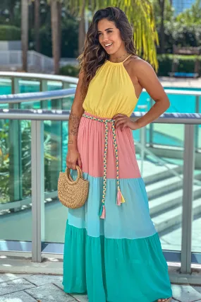 Yellow And Pink Color Block Maxi Dress With Belt